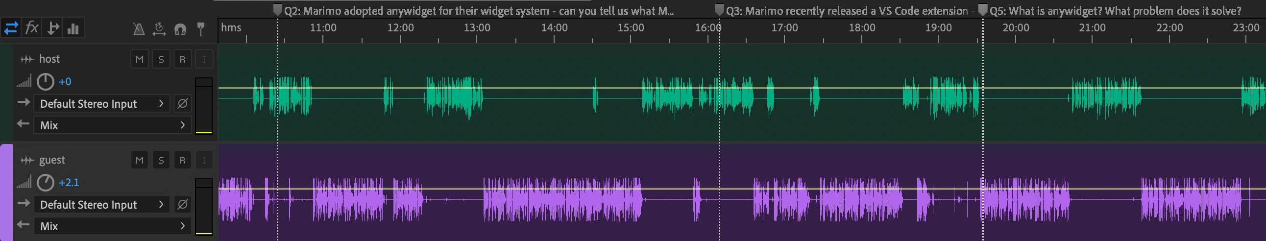 Interview question markers displayed on the Audition timeline, showing how exported chapter markers appear directly in your audio editor