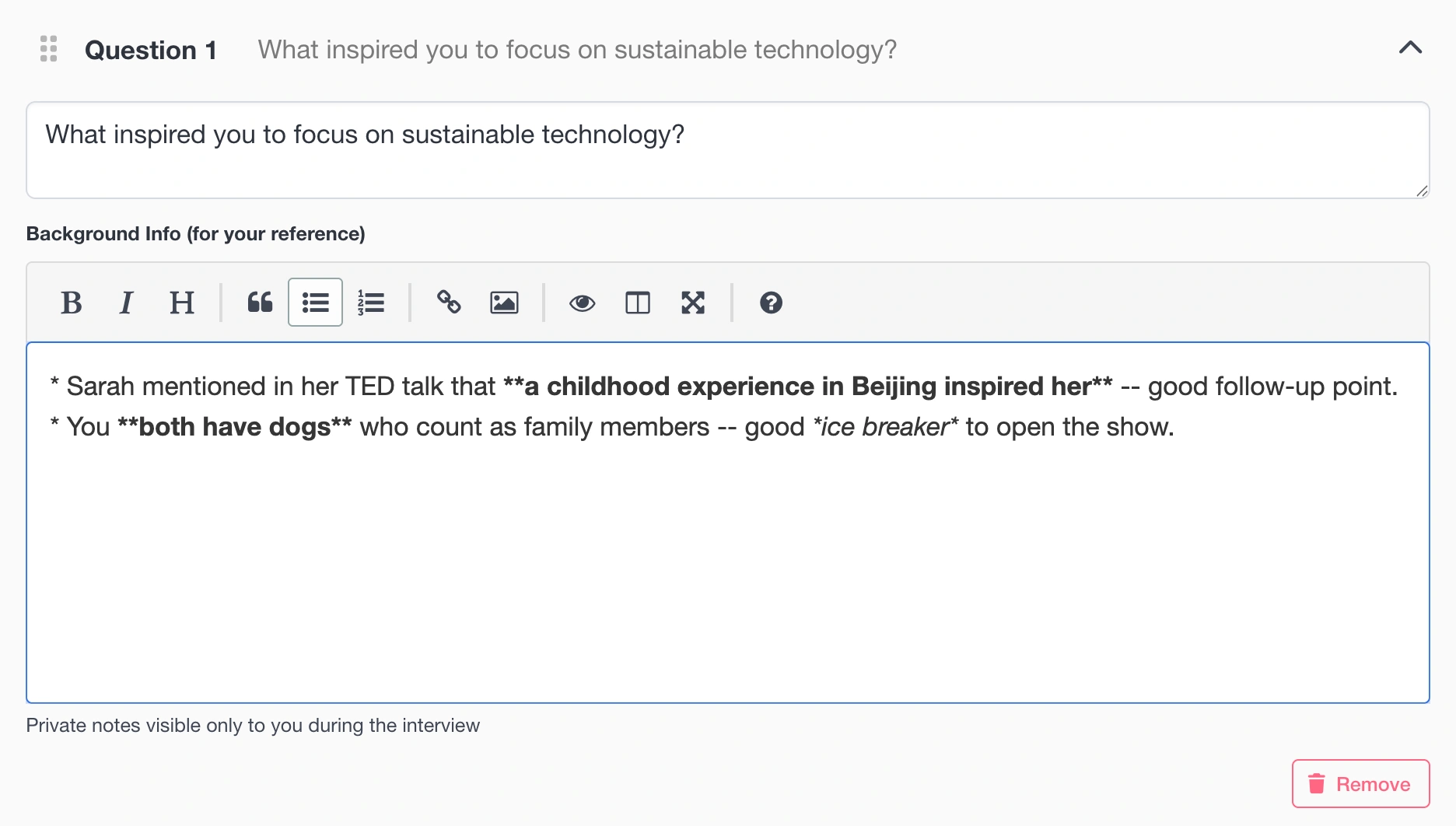 Interview preparation with questions and background notes