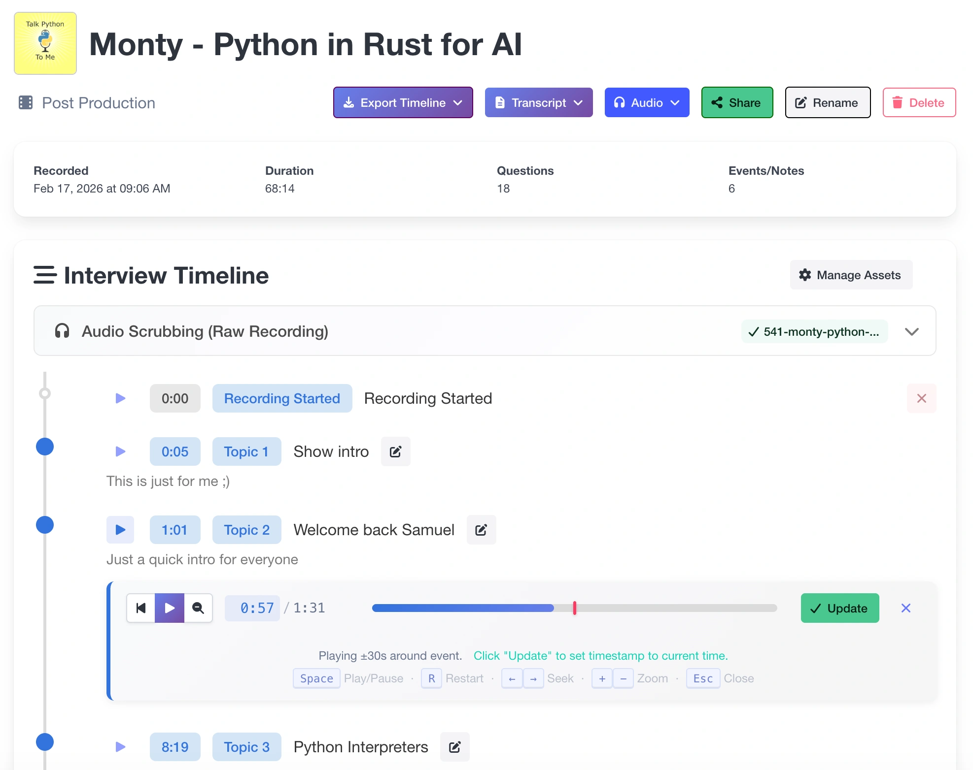Post-production timeline showing chapters, events, and transcript alignment